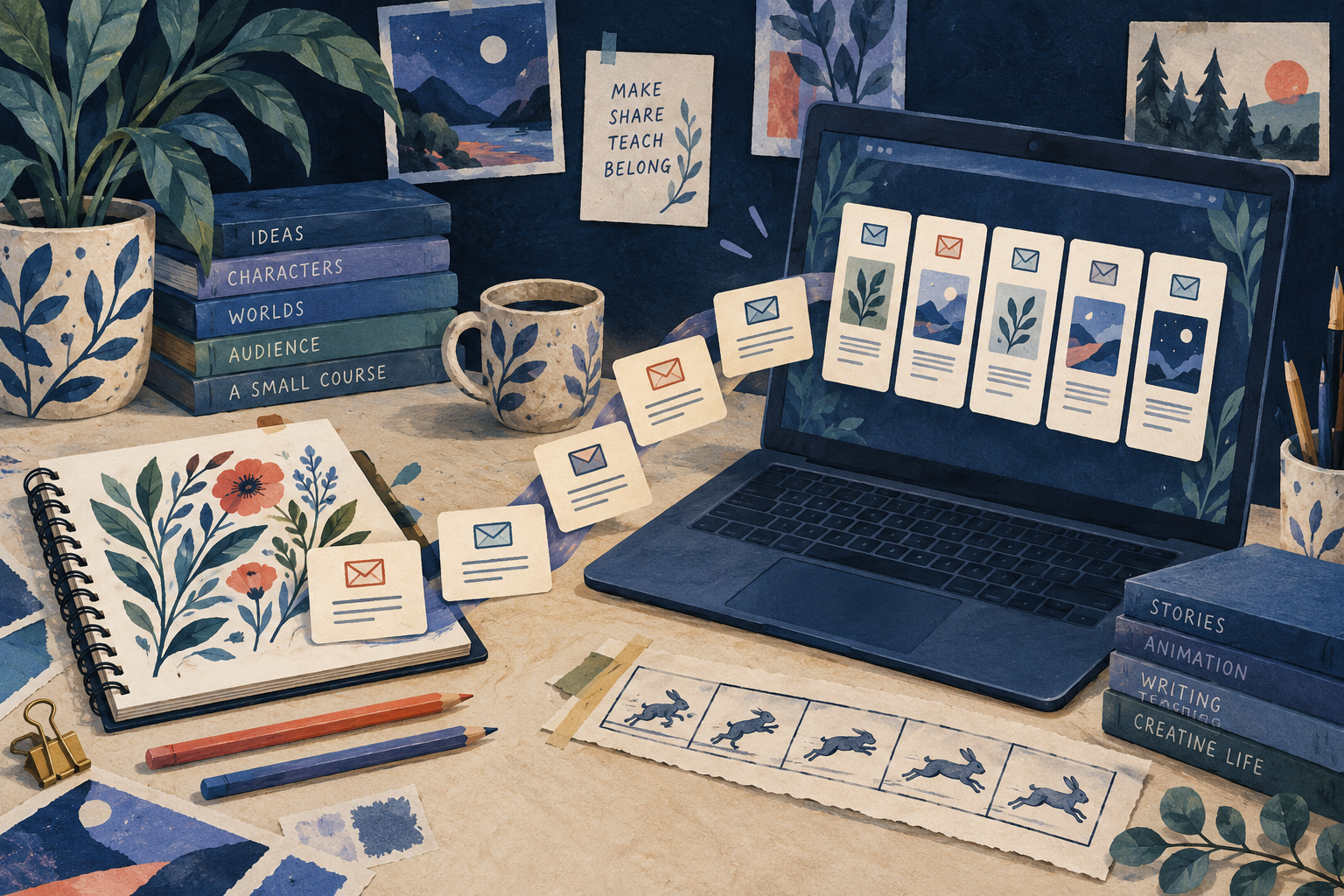 Illustrated creative workspace with drawings becoming email lessons